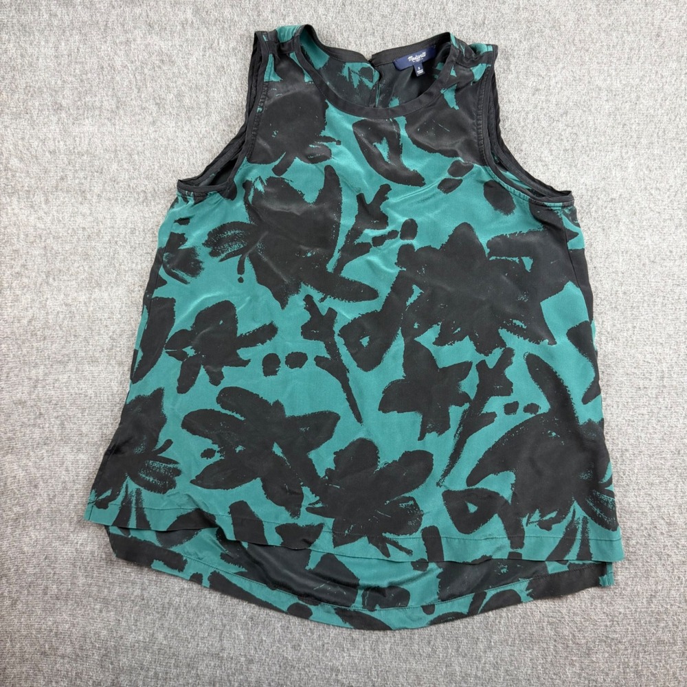 Madewell Silk Floral Tank Top‎ Women Small Green Black Abstract Sleeveless E5289